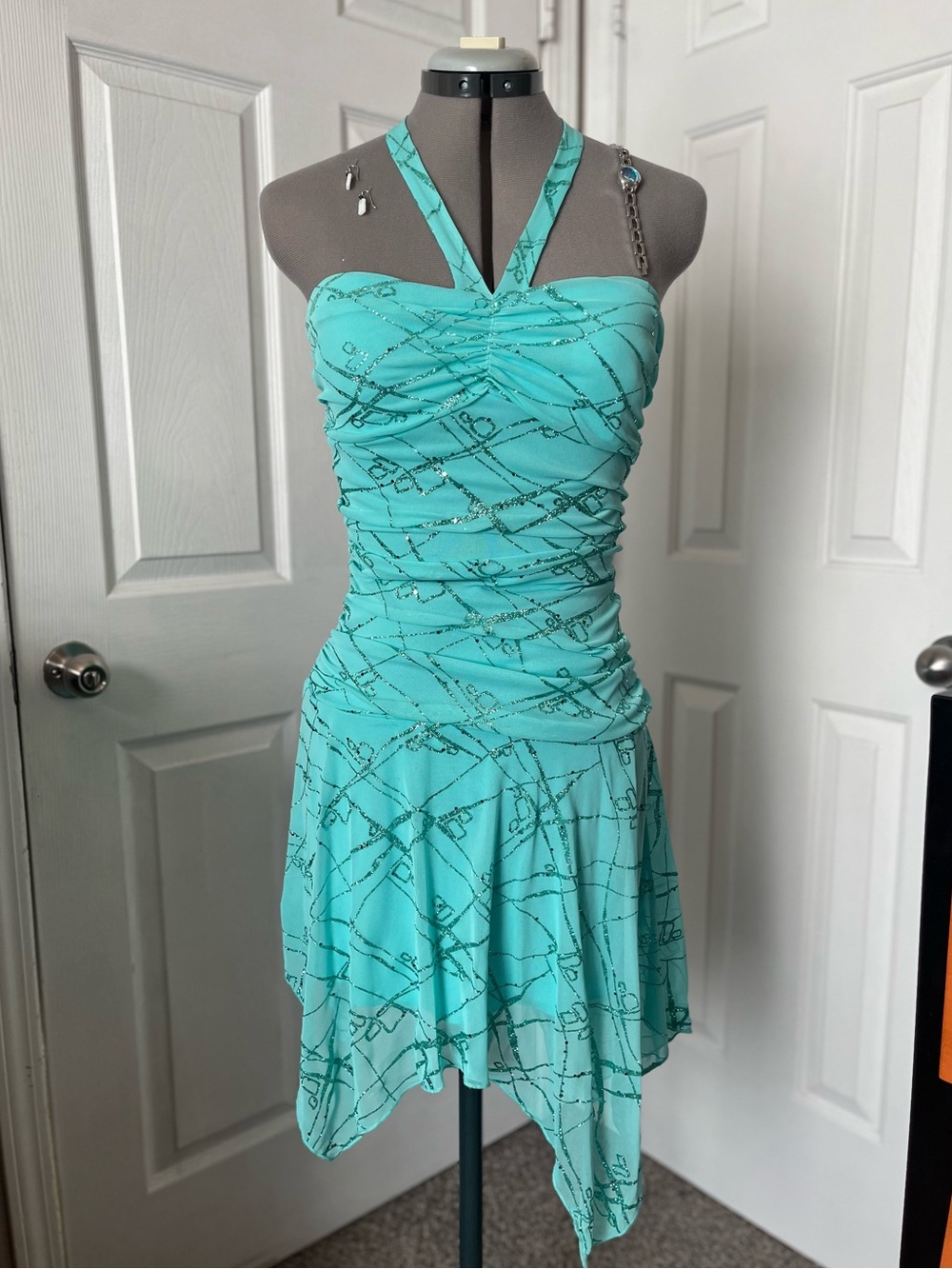 Taboo Y2K Glitter Halter Asymmetric Drop Waist Fairy Dress, Teal, Size M
